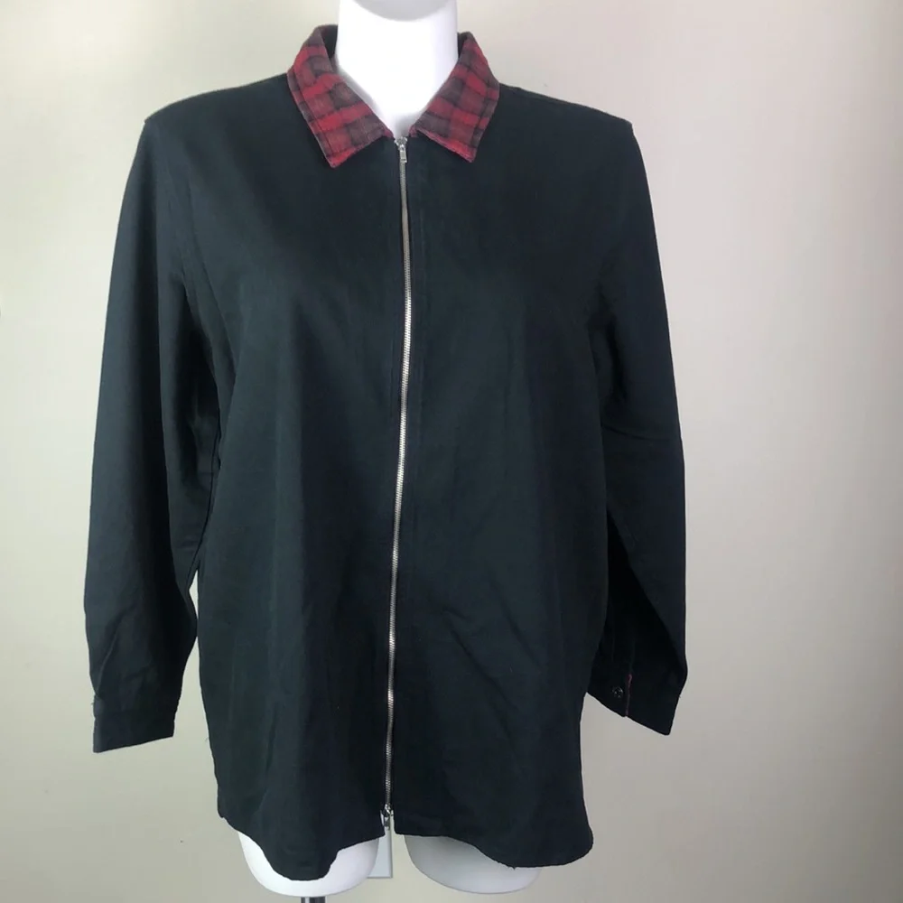 Vintage Zipper Front Light Jacket Black Denim Plaid Collar